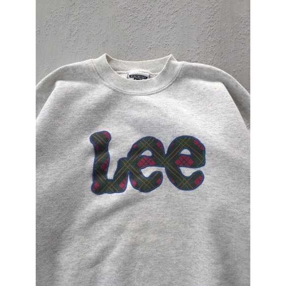 Vintage 90s Lee Heavyweight Plaid Logo Grey Crewneck Sweatshirt USA Made L - Picture 2 of 12